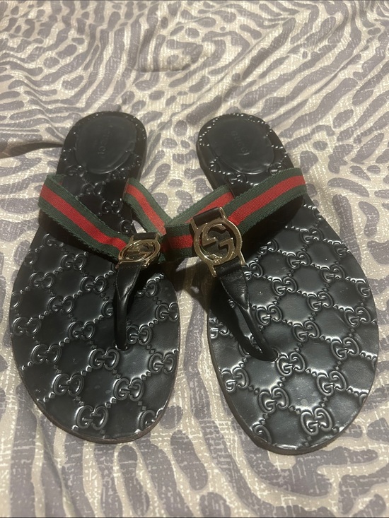 Gucci Shoes - Gucci Black Embossed GG Thong Sandals with Red-Green Web